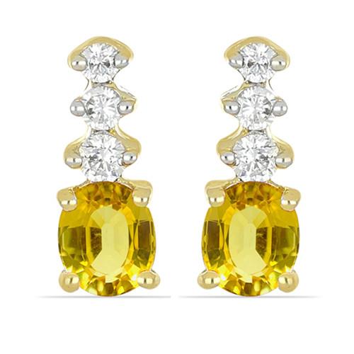 NATURAL YELLOW SAPPHIRE GEMSTONE CLASSIC 14K GOLD EARRINGS WITH WHITE DIAMOND